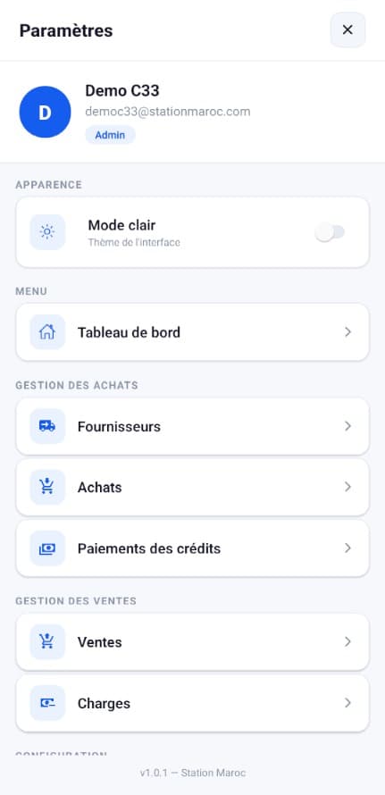 Paramètres et menu de gestion Station Maroc